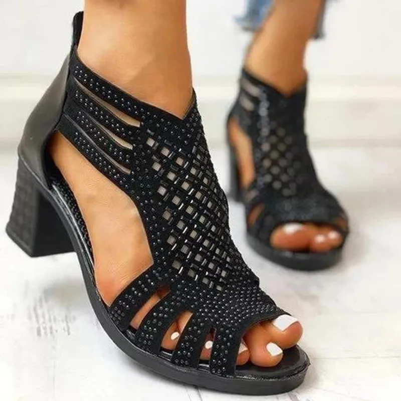 Women's fashion rhinestone cutout block heel sandals