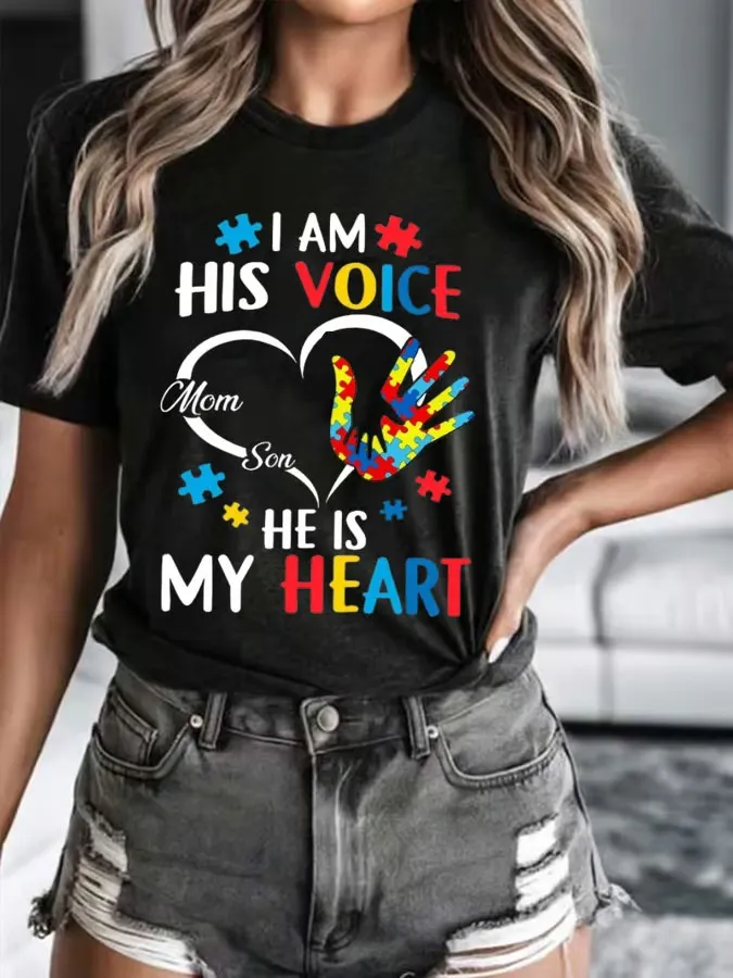 Women'S T-Shirt Female Autistic Mother Printed Casual T-Shirt Round Neck Pure Cotton Short Sleeve