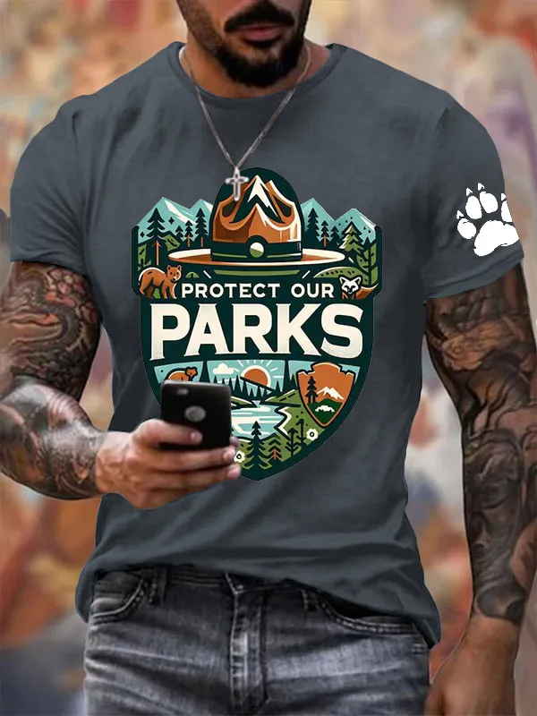 Men'S Protect Our National Parks Printed Round Neck T-Shirt