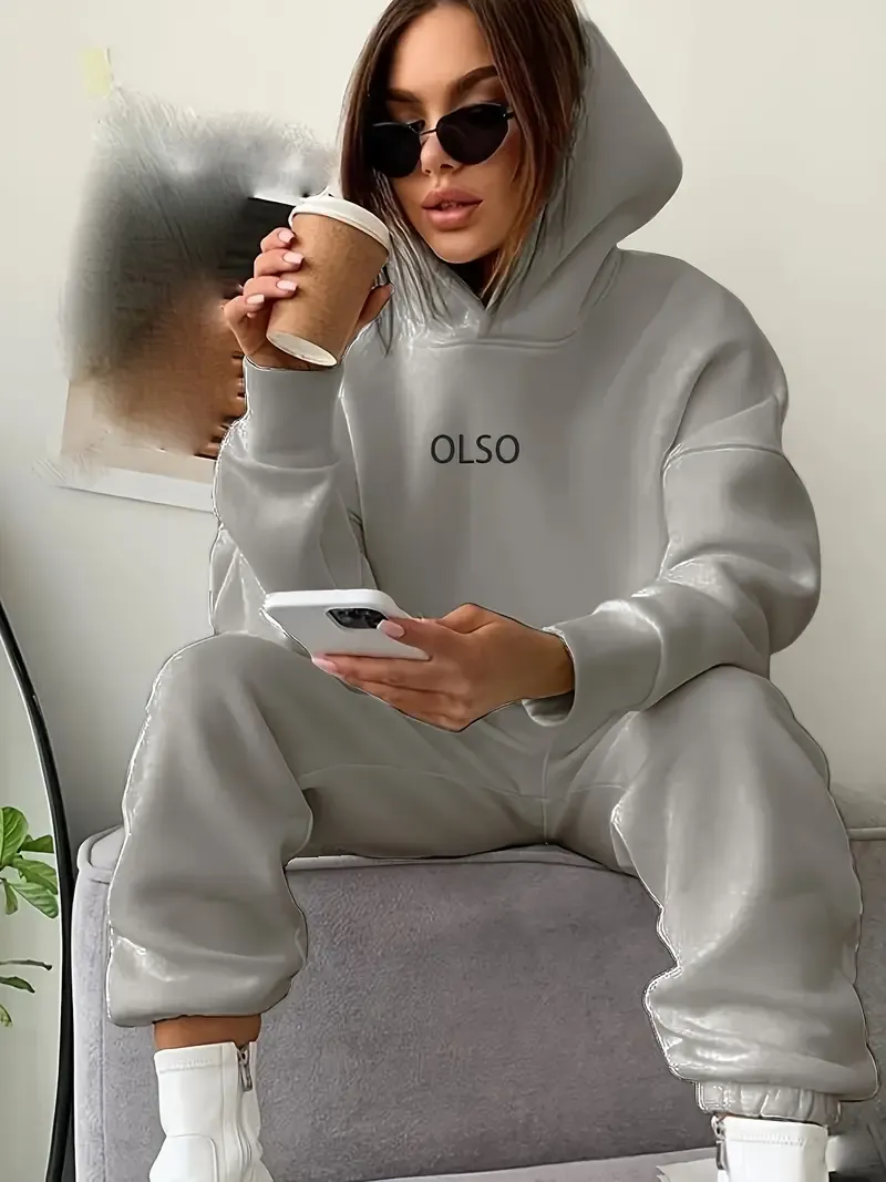 Casual Two-piece Set, Letter Print Long Sleeve Hooded Sweatshirt & Elastic Waist Sweatpants Outfits, Women's Clothing