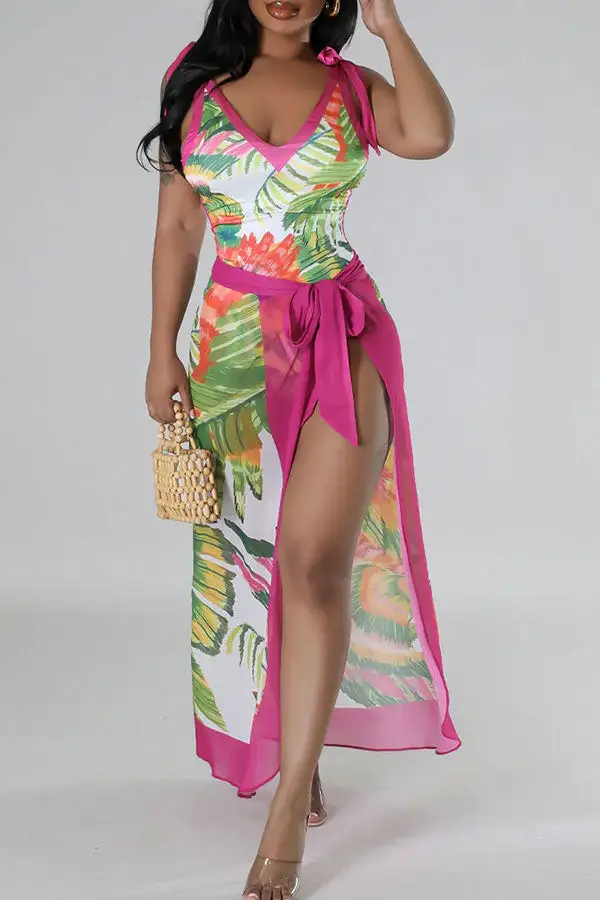 Abstract Print Patchwork Tropical Lace-Up Three-Piece Set
