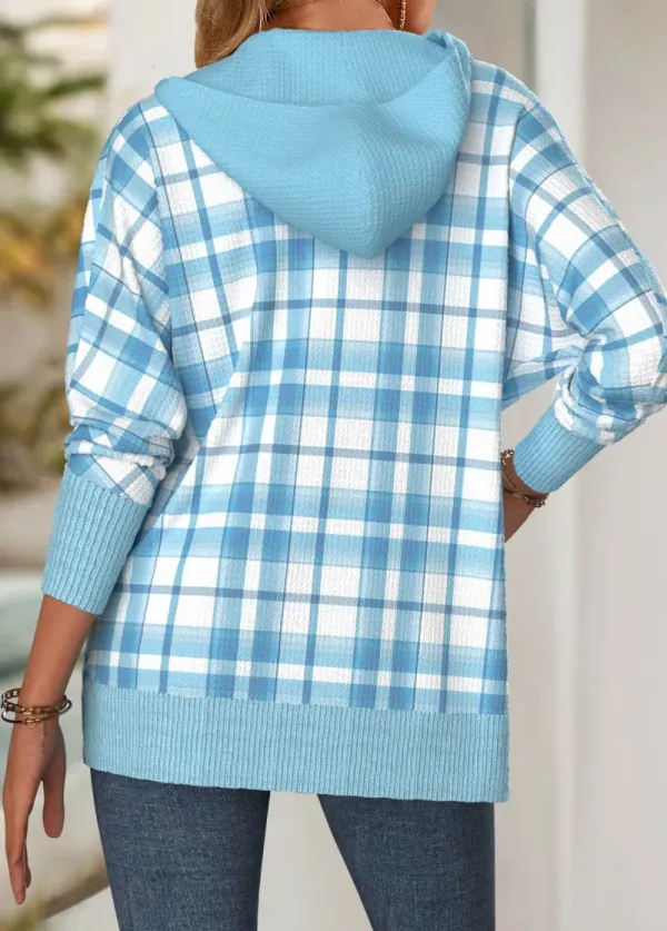 Blue Tummy Coverage Plaid Long Sleeve Hoodie