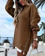 Long Sleeve Pullover Sweatshirt Zipper Slit Casual Dress