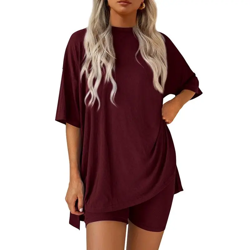 Women’s Oversized Lounge Set-Breathable Crewneck Top & Pocket Shorts