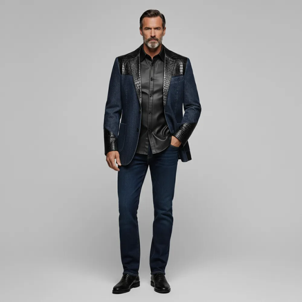 Men's Navy Blue Crocodile PU Leather Patchwork Notch Lapel Two Button Pocket Long Sleeve Denim Blazer
