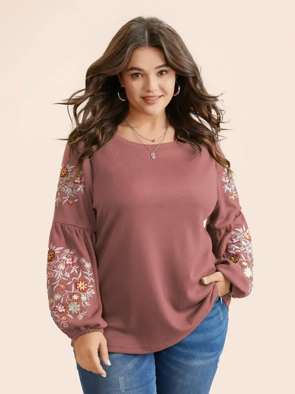 Waffle Knit Floral Embroidered Lantern Sleeve T-Shirt