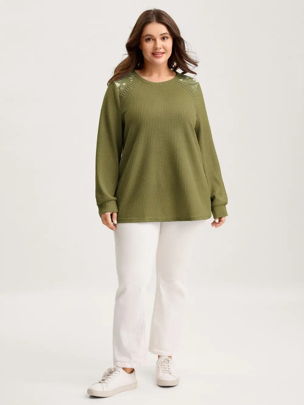 Waffle Spliced Floral Lace Sweatshirt