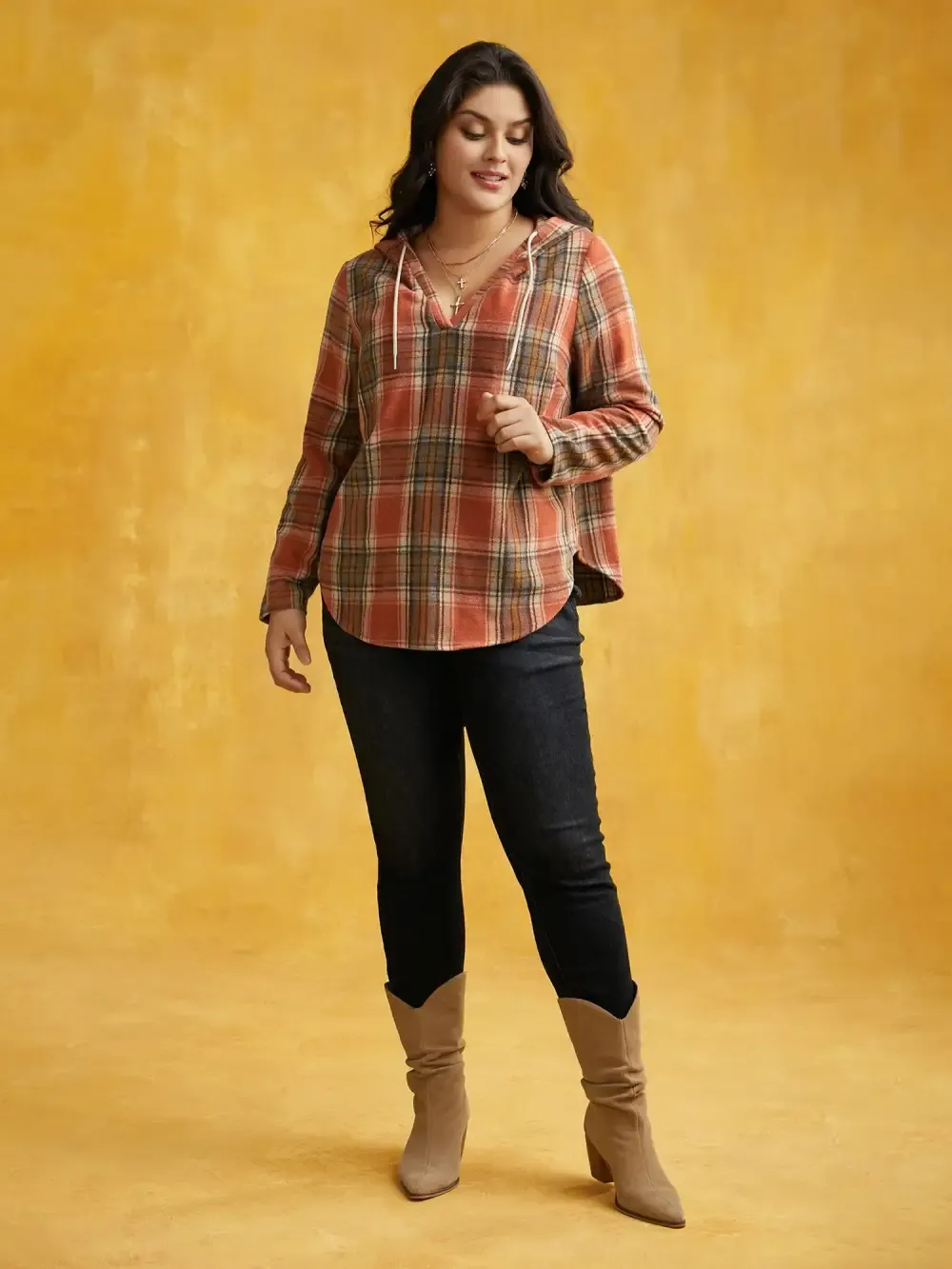 Brushed Fabric Plaid Hooded Sweatshirt