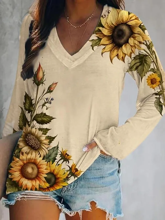 Women's T shirt Tee Burgundy Tee Halloween Shirt Cat Print Halloween Weekend Daily Basic Long Sleeve V Neck Yellow Fall & Winter