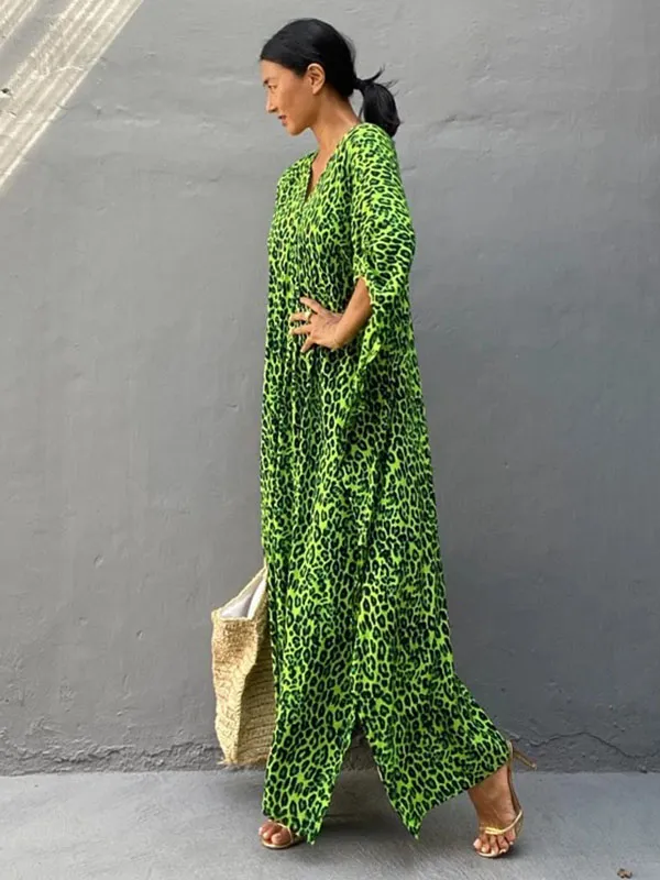 Green Leopard V-Neck Split-Side Batwing Sleeves Maxi Dress