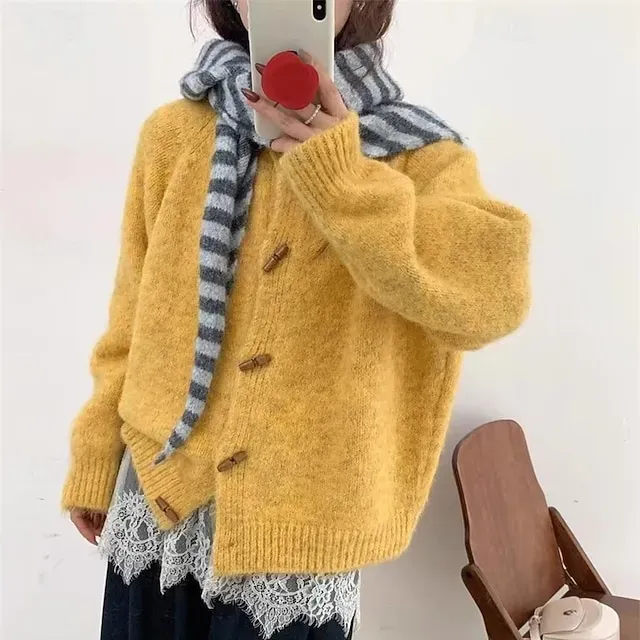 Women's Sweater Cardigan Elegant Fashion Streetwear Pure Color Crew Neck Pocket Knitted Long Sleeve Regular Tops Knit Outdoor Daily Weekend Yellow Light Green Fall Winter