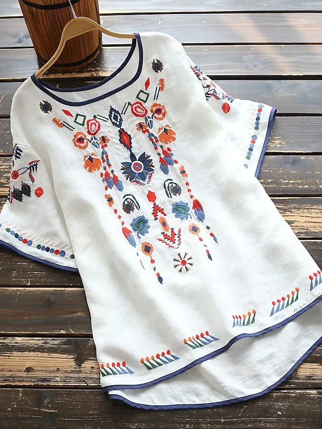 Women's Shirt Blouse Tribal Daily Basic Short Sleeve Crew Neck White Summer Spring