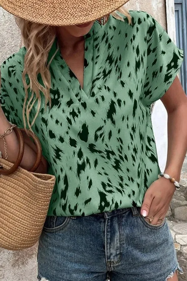 Animal Print V-Neck Short Sleeve Blouse