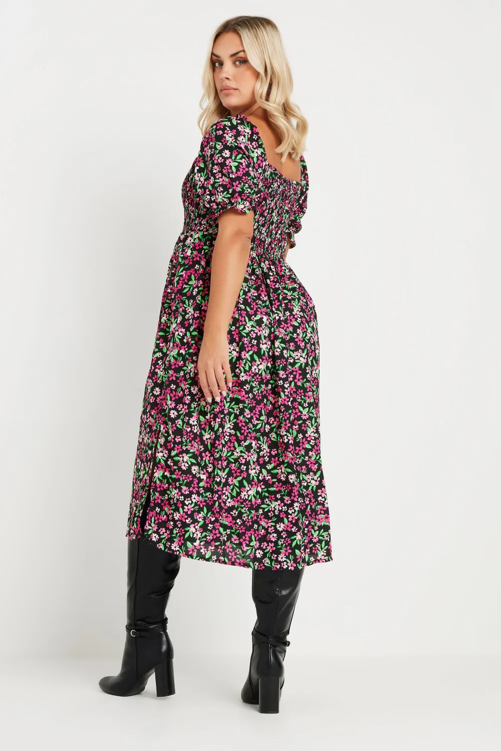 YOURS Curve Blue Floral Print Shirred Midaxi Dress