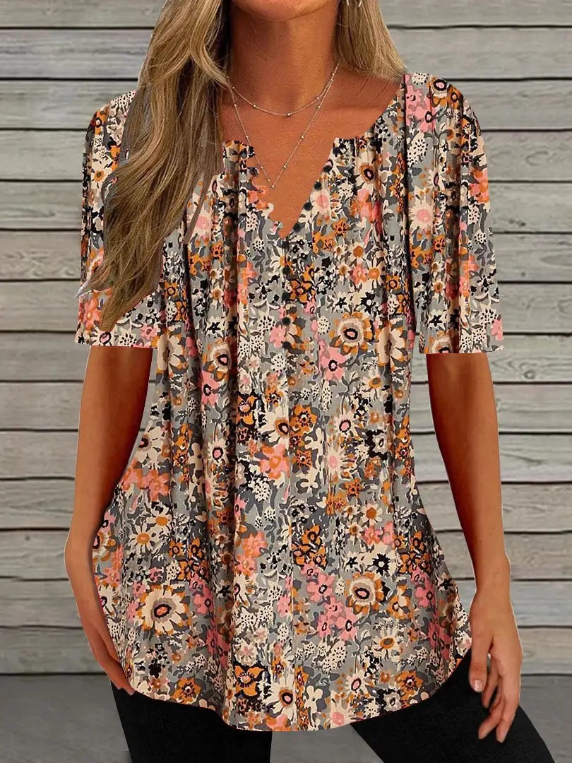 Women Half Sleeve V-neck Floral Printed Tops