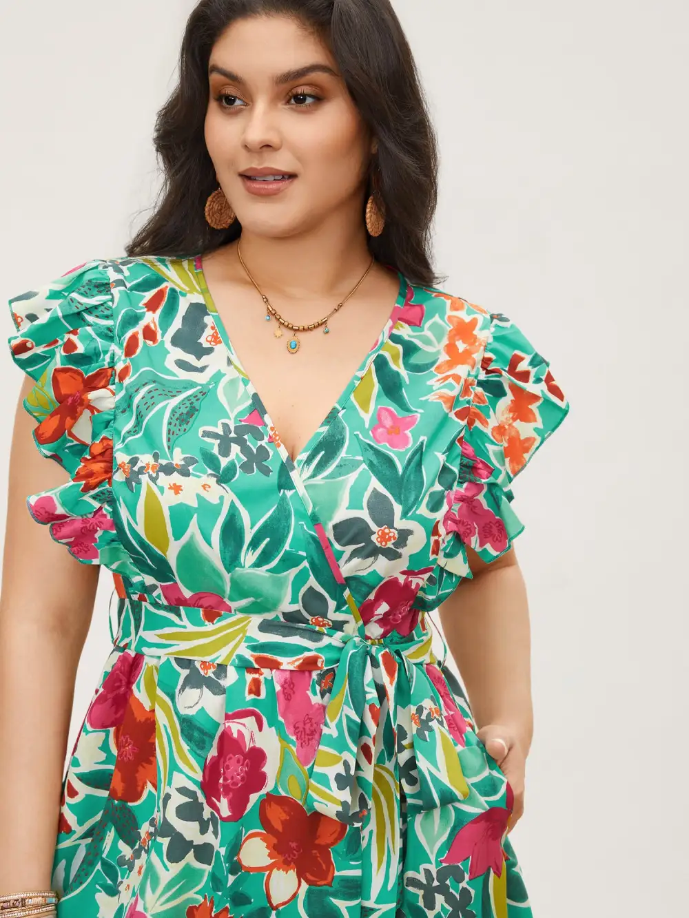 Floral Wrap Patchwork Ruffle Cap Sleeve Dress