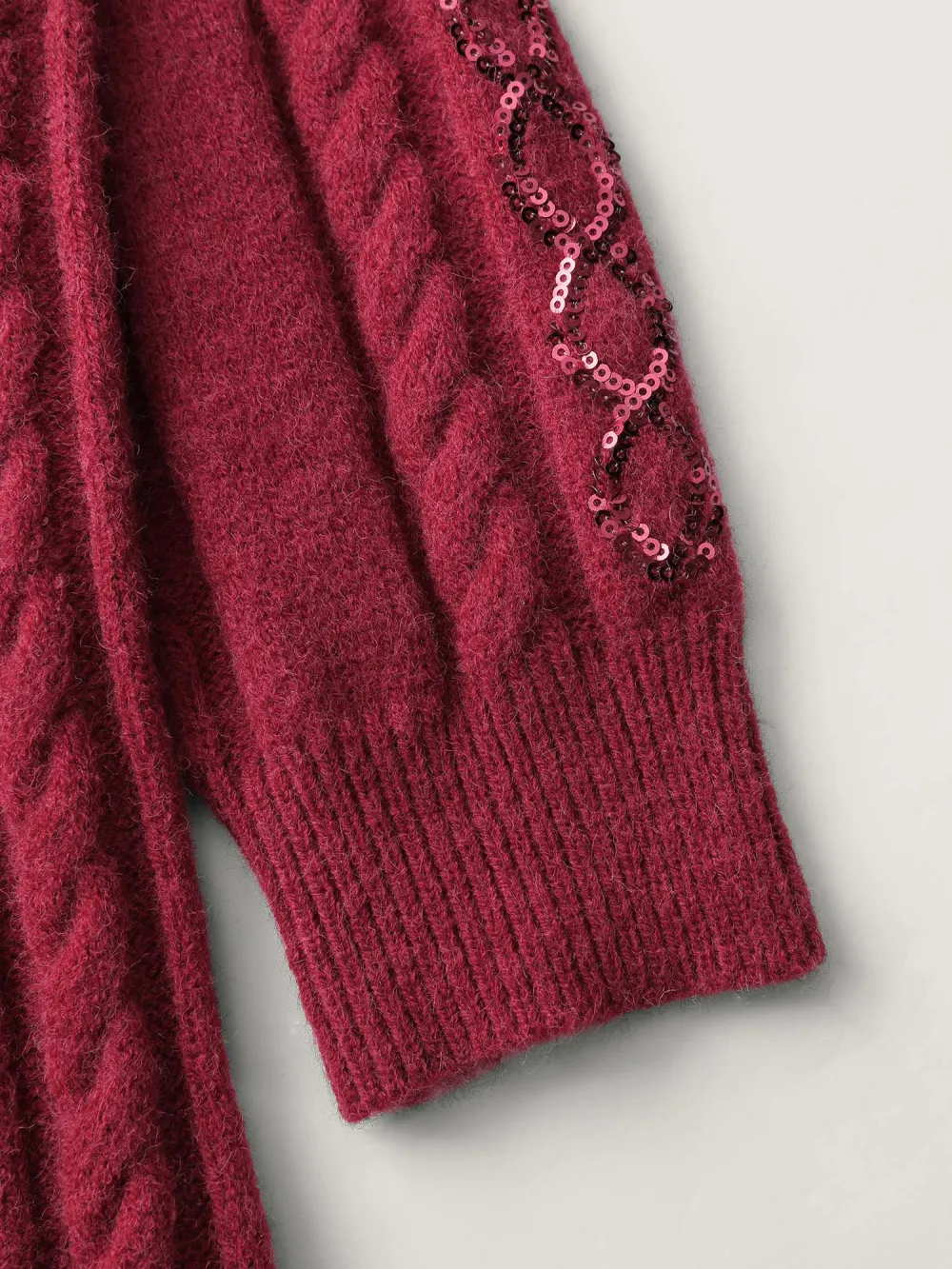 Cable Knit Textured Sequin Embroidered Pullover