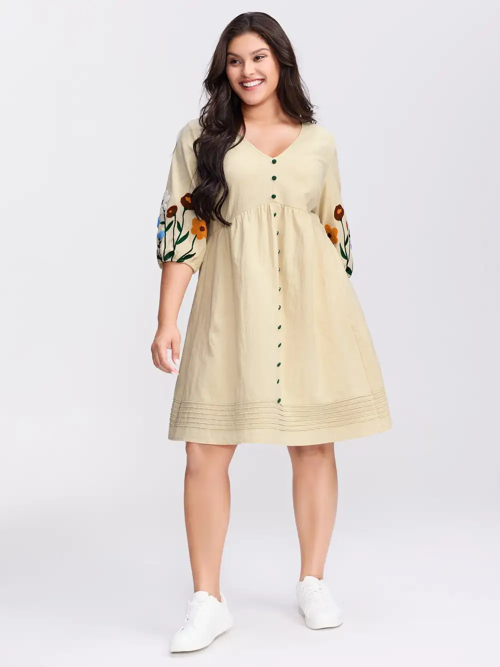Floral Embroidery Button Front Knee-Length Dress