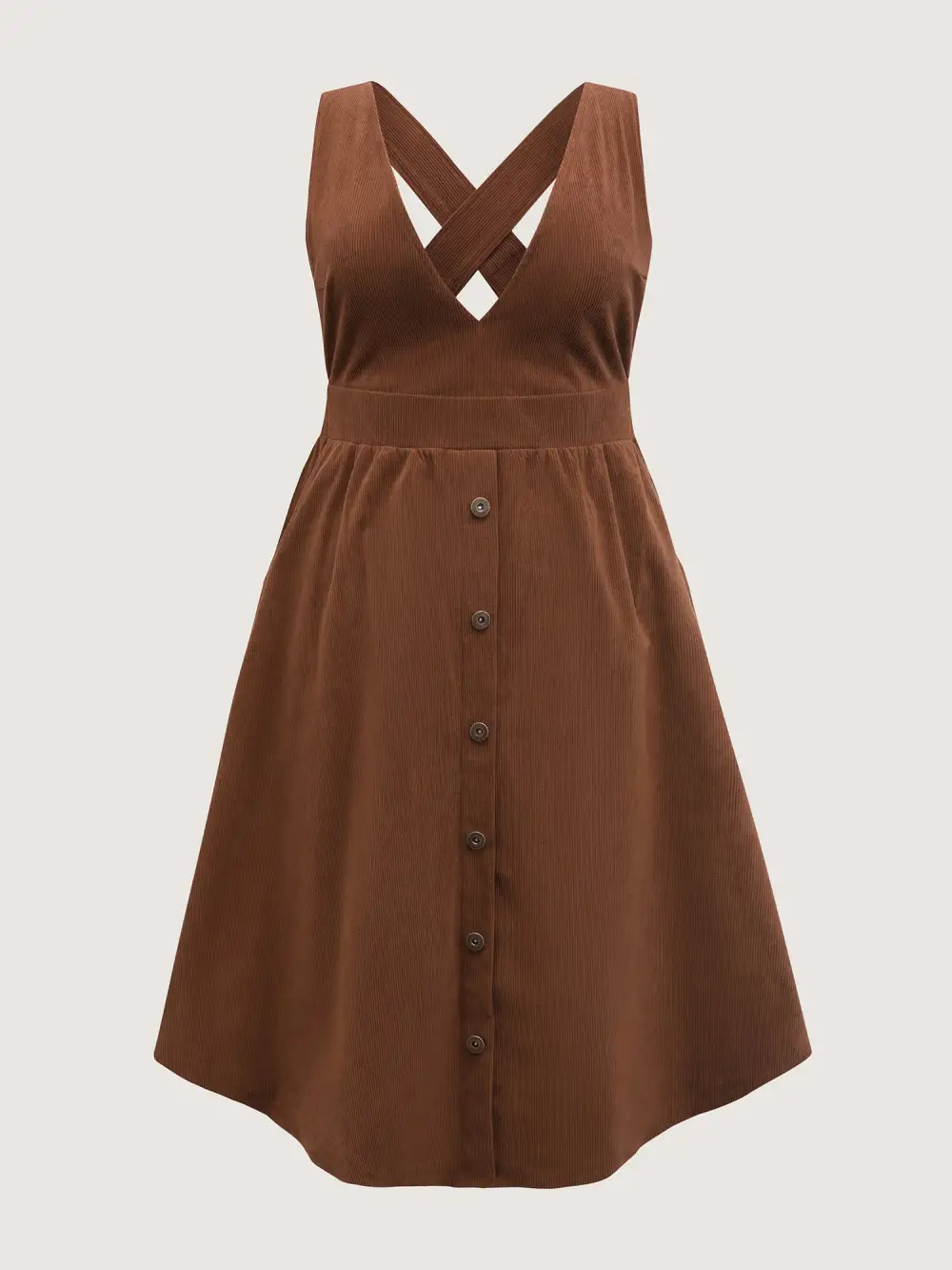 Corduroy Deep V-Neck Adjustable Midi Dress