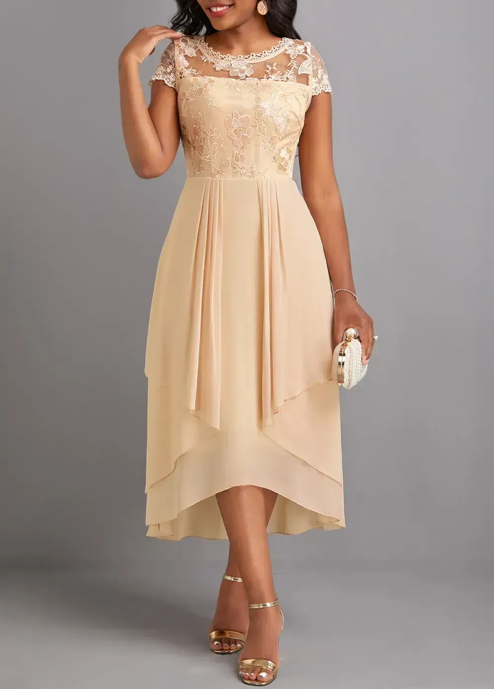 Champagne Lace High Low Short Sleeve Dress