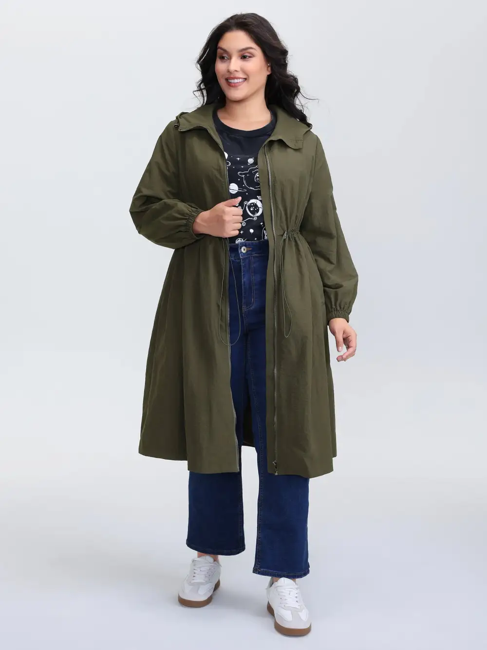 Drawstring Waist Pockets Hooded Coat
