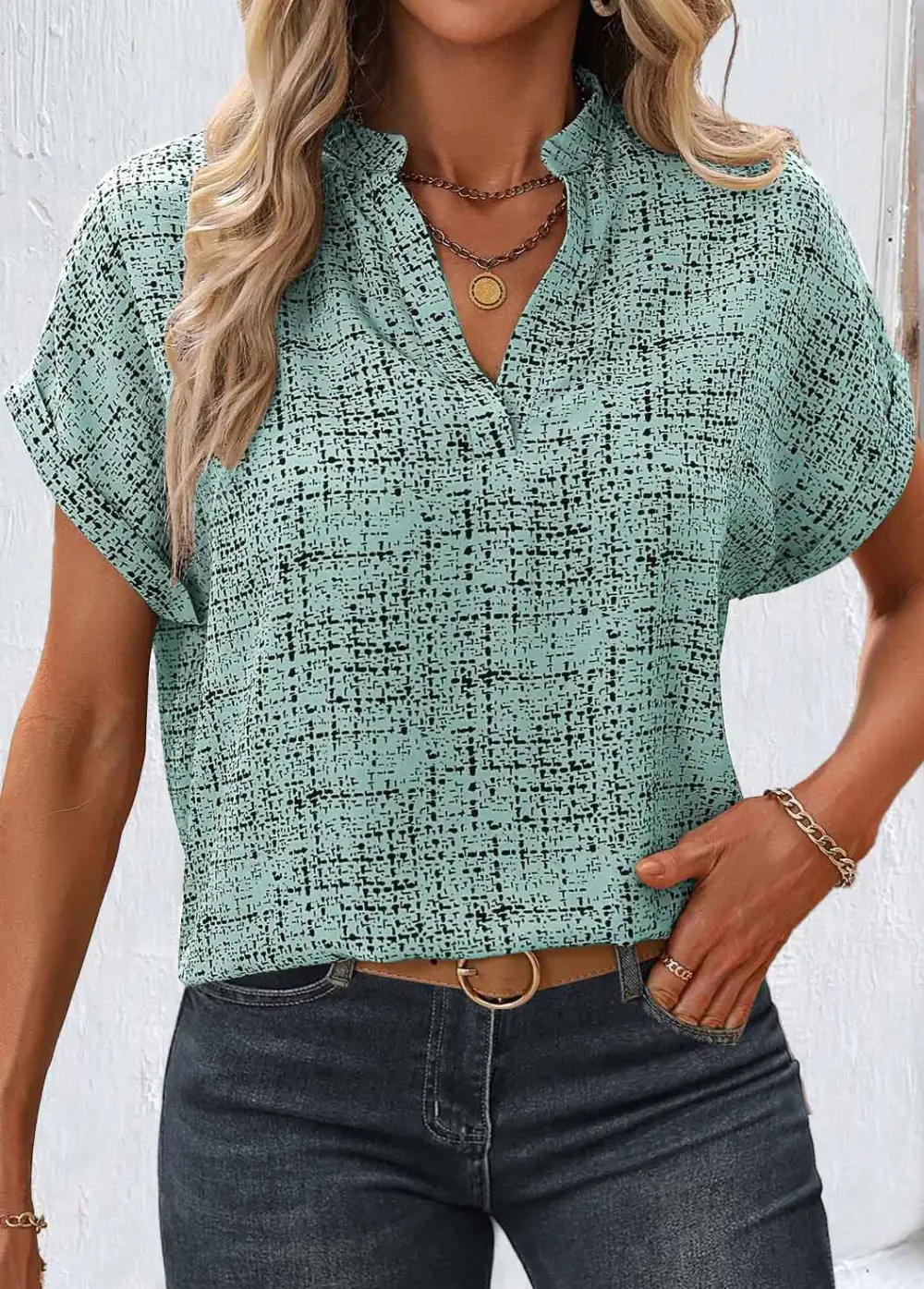 Sage Green Split Geometric Print Short Sleeve Blouse
