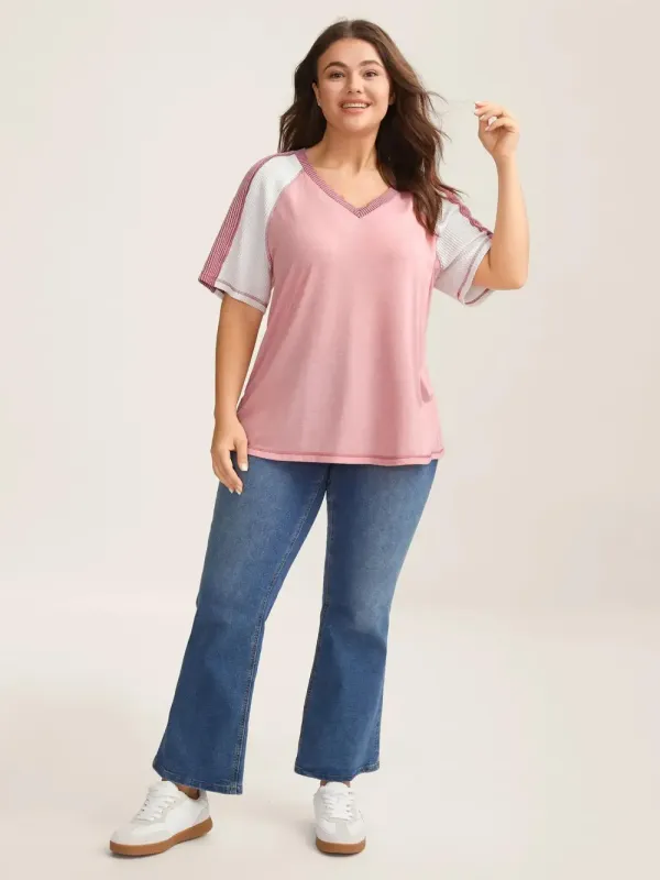 Color Contrast Textured Raglan Sleeve T-Shirt