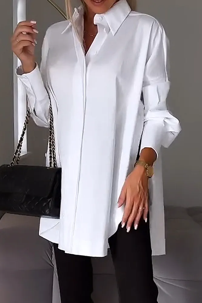 Women's solid color V-neck irregular shirt