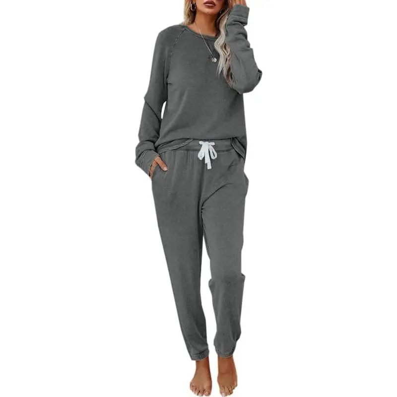 Women's Solid Sweatsuit Set 2 Piece Long Sleeve Pullover and Drawstring Sweatpants Sport Outfits Sets