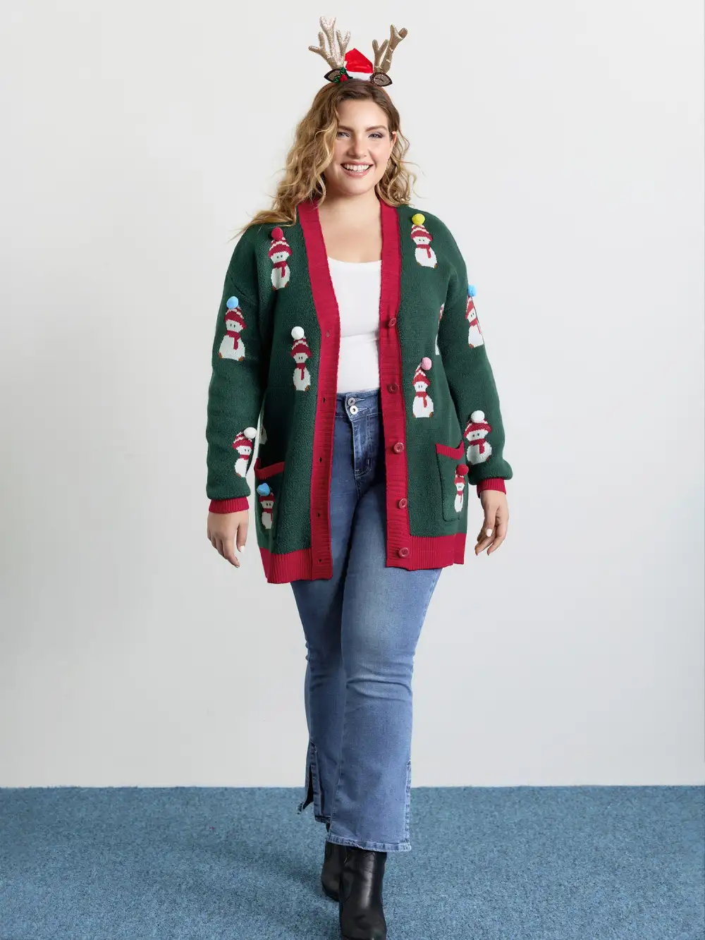 3D Snowman Jacquard Placket Knit Cardigan