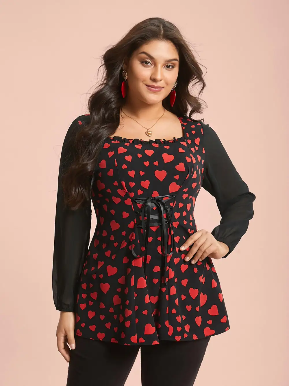 Heart Print Patchwork Waist-Tie Blouse