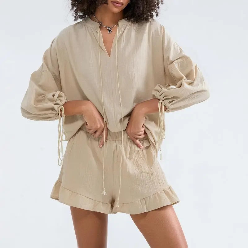 Women's Solid Color V-Neck Tie Top & Elastic Waist Shorts 2-Piece Summer Set