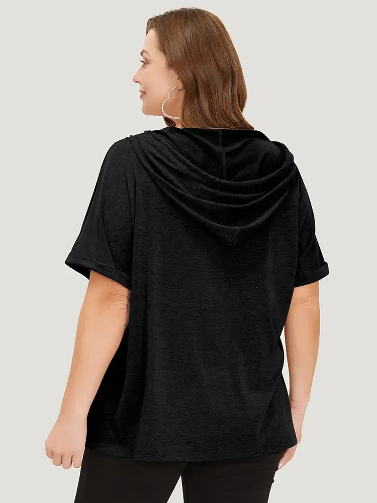 Plain Drawstring Roll Sleeve Button Up Hooded T-shirt