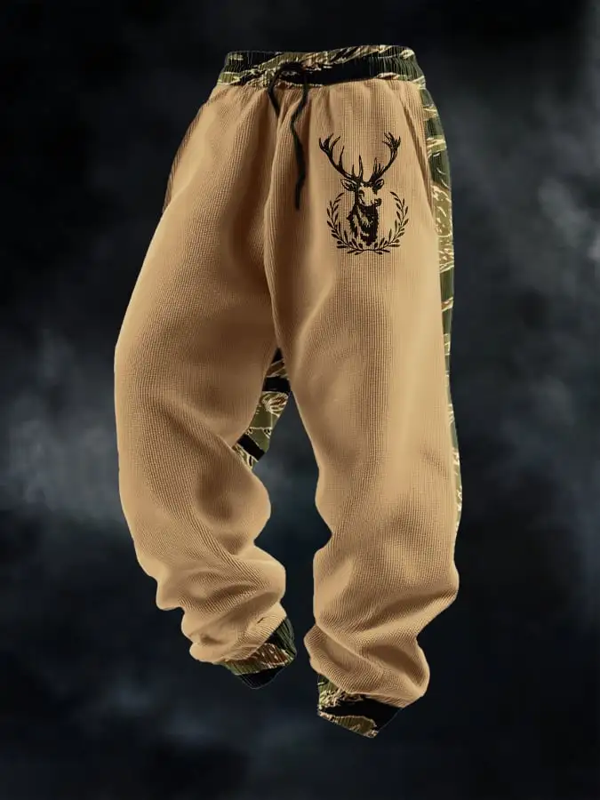 Men's Casual Waffle Camouflage Elk Pattern Sweatpants