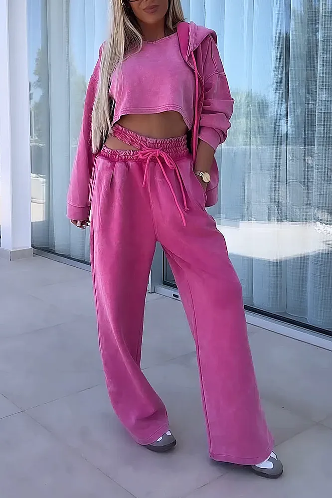 Women's Solid  Color Vest And Hooded Sweatshirt & Elastic Knitted Pants Three-piece Set