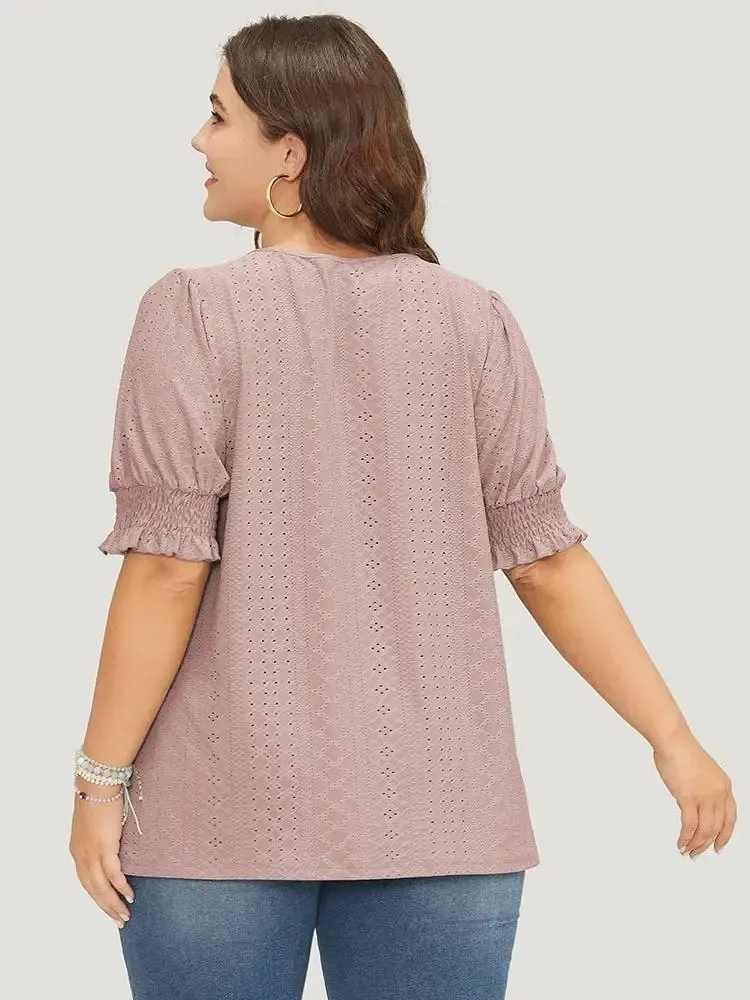 Plain Broderie Anglaise Shirred Puff Sleeve Button Detail T-shirt