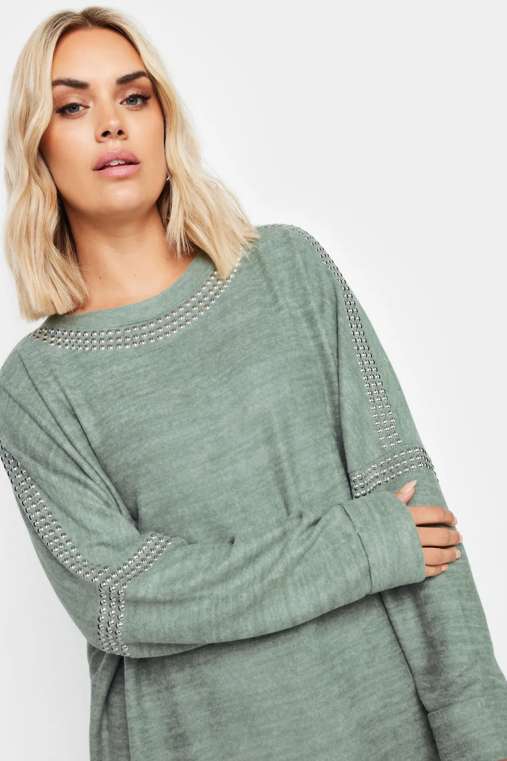 YOURS Curve Grey Stud Neckline Embellished Jumper