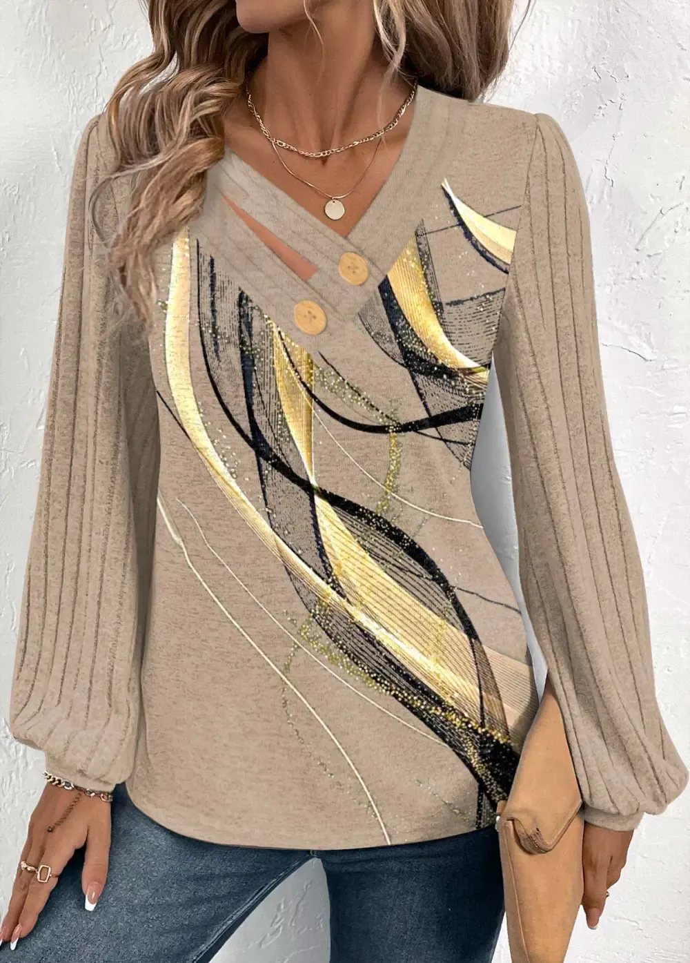 Light Camel Button Geometric Print Long Sleeve T Shirt