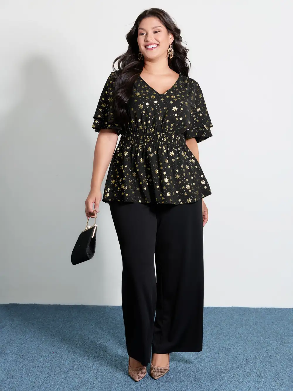 Gold Stamped Layered Ruffled Sleeve Blouse