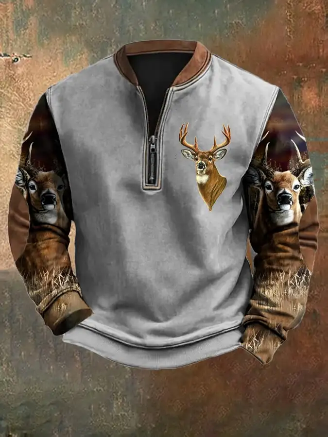 Men's Casual Vintage Camouflage Elk Zip-Up Sweatshirt