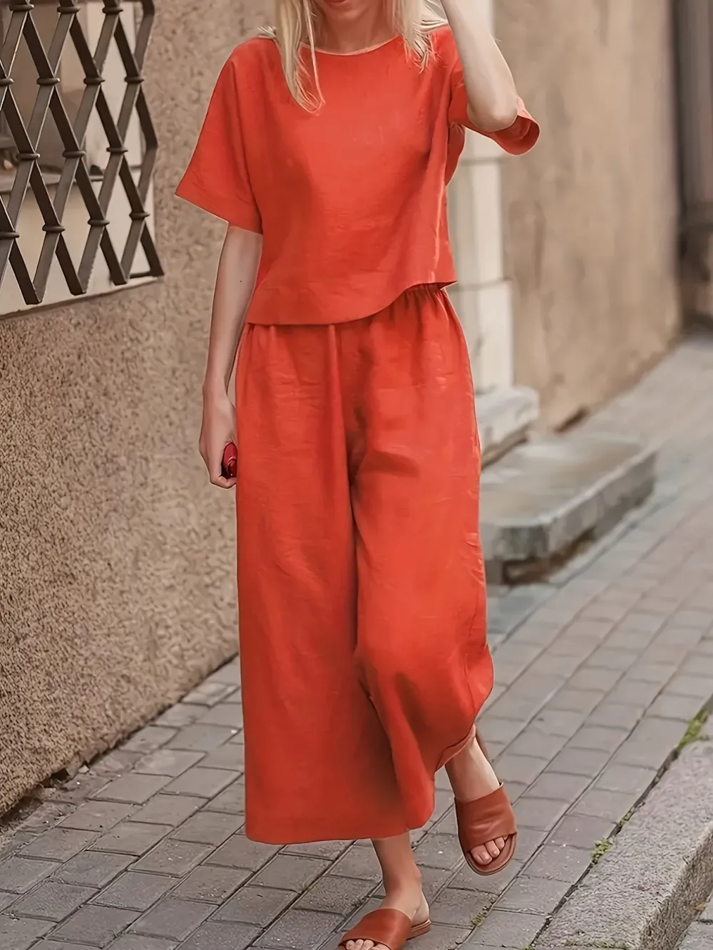 Two-piece Set, Solid Crew Neck Casual T-Shirt & Wide Leg Pants