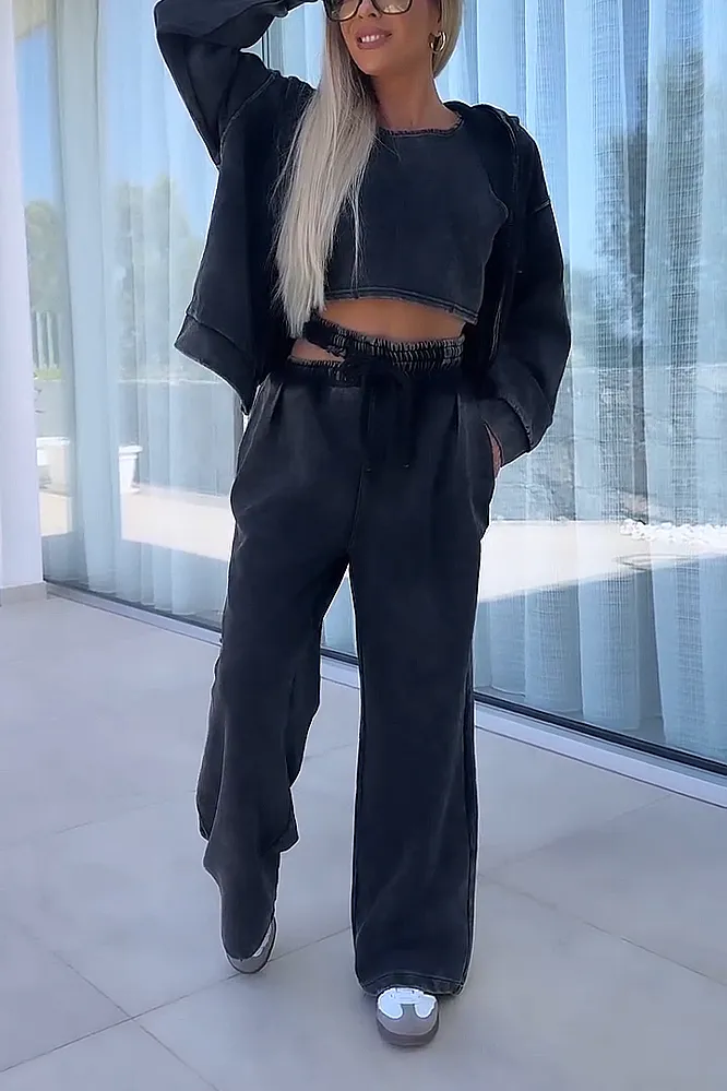 Women's Solid  Color Vest And Hooded Sweatshirt & Elastic Knitted Pants Three-piece Set