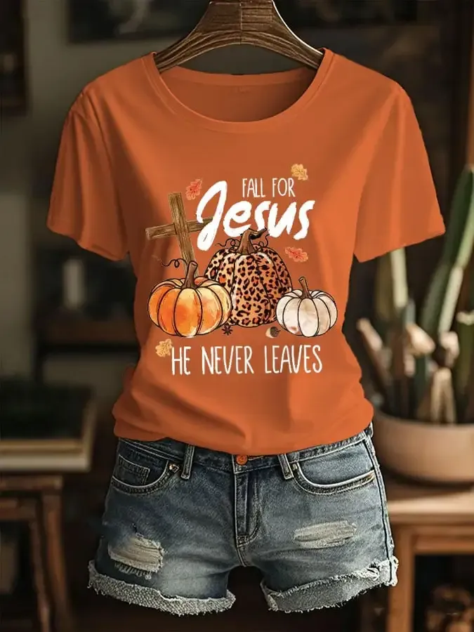 Women's Pumpkin Fall For Jesus, He Never Leaves Casual T-shirt