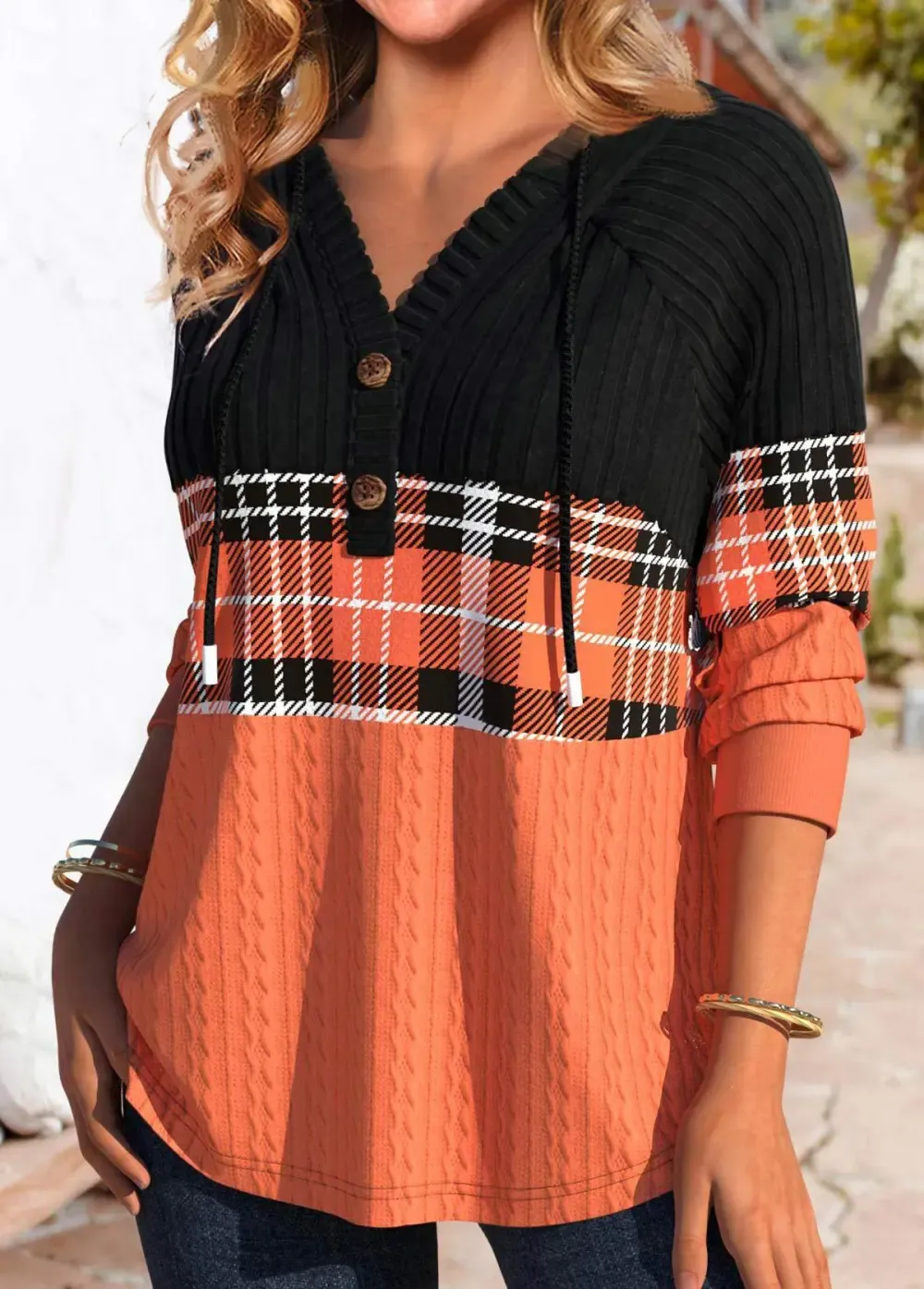 Orange Patchwork Plaid Long Sleeve Hoodie