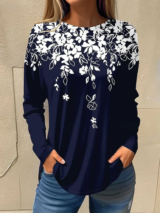 Women's T shirt Tee Floral Print Holiday Weekend Basic Long Sleeve Round Neck White Fall & Winter