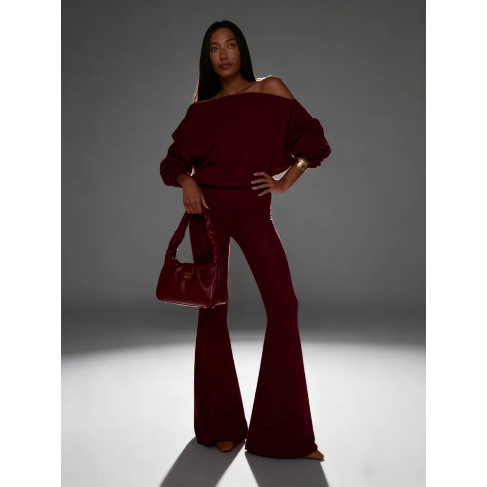 Women's Solid Asymmetrical Neck Top & Flare Leg Pants Set