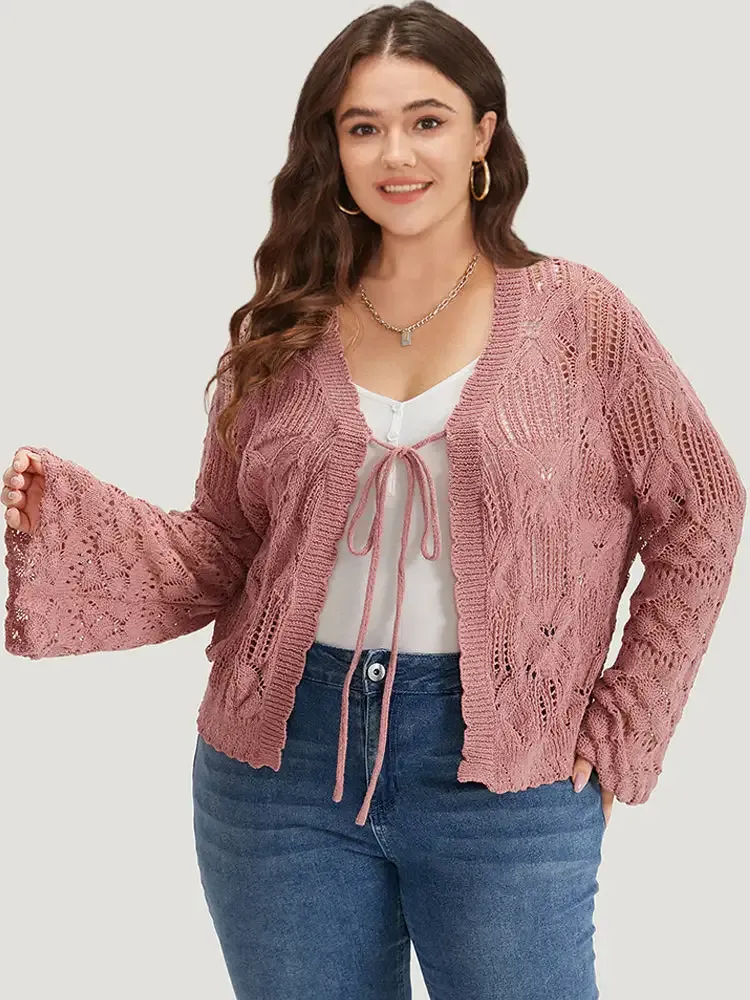 Hollow Out Bell Sleeve Tie Front Cardigan