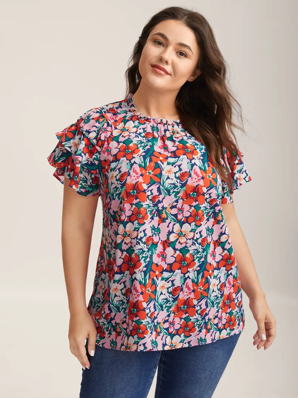 Groovy Floral Print Ruffled Layered Sleeve Blouse