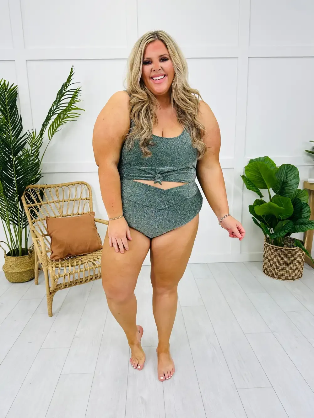 High Waisted V-Cut Swim Bottoms in Emerald Shimmer