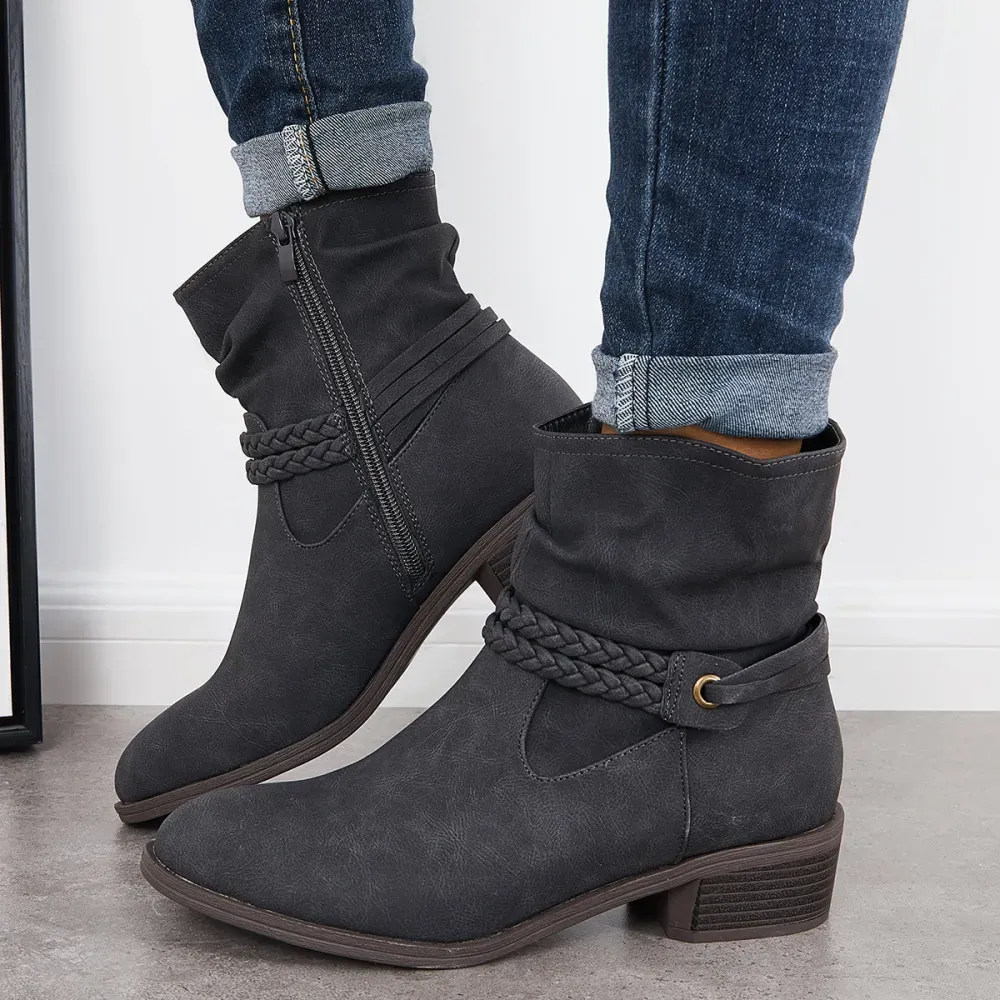 Slouchy Ankle Boots Braided Strap Chunky Block Heel Booties